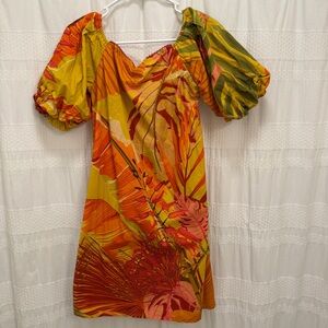 Bl^nk Anthropologie Floral Summer Short Puff Sleeve Dress Orange Women’s Small
